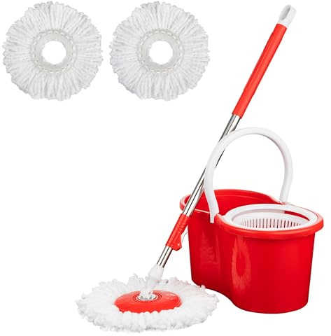 Crystals 360° Spin Floor Mop and Bucket Set - Microfibre Mop with Bucket and Wringer System - 2 Mop Heads - Spin Mop for Home Cleaning - Floor Cleaning Mop Set for Tile, Wood, and Marble Floors - Red