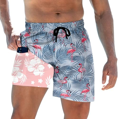 ZenGents Short de bain pour homme avec doublure de compression entrejambe de 14 cm à séchage rapide S-XXL, Flamant rose 01, XX-Large