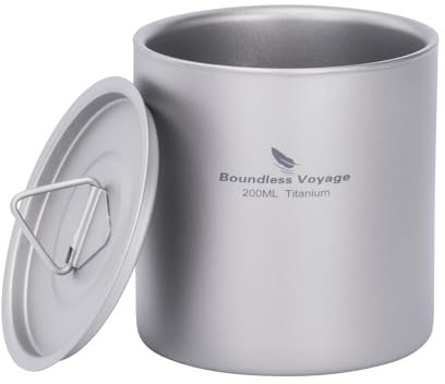 iBasingo 200ml Titanium Double Walled Cups with Lid Ultralight Travel Drinking Mug Outdoor Camping Backpacking Durable Portable Metal Tea Coffee Drinkware Ti3241D