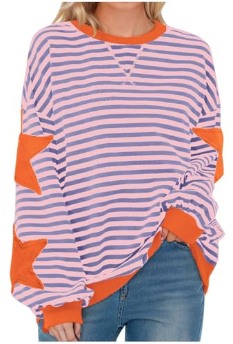 Free People Oversized Sweatshirt for Women Striped Star Pullover Tops Drop Shoulder Long Sleeve Sweatshirts Y2k Tops Loose Fit Casual Blouses Pullovers Baggy Lightweight Tops Spring Fall Blouse