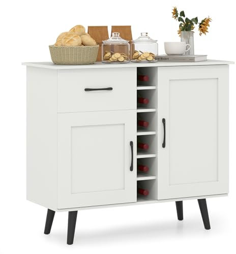 GOPLUS Buffet Salle a Manger avec Casier à vin, Meuble RangementCuisine avec Plateau, Tiroirs, Porte-Bouteilles de Vin pour 6 Bouteilles, Étagères Ajustables pour Salle à Manger, Salon (Blanc)
