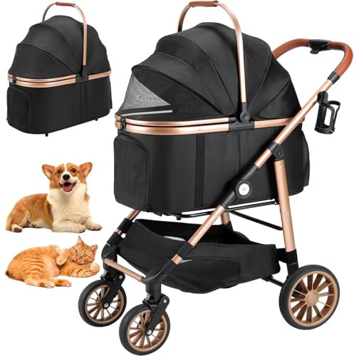 MAMIZO 3-in-1 Hundewagen Hundebuggy für mittelgroße Hunde und Katzen (bis zu 25 kg) – 4 stabiler Gummiräder sicheren Transport Hundebuggy Hunde Faltbar Hund Kinderwagen Hunde Buggy (Schwarz)