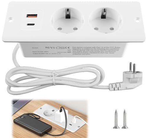 Tischsteckdose Steckdosenleiste, Versenkbare Steckdose, Steckdosenleiste, 2-Fach Einbausteckdose, mit 1 USB und 1 Type-C, mit 1.5m Kabel, für Tischplatte Oder Arbeitsflächen