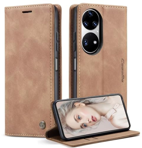 xinyunew Coque pour Huawei P50 Pro Cuir PU, Portefeuille Etui pour Huawei P50 Pro Coque Magnétique Flip Case avec Fonction Support Fente Carte Housse 360 Degrés Antichoc Protection,Brun