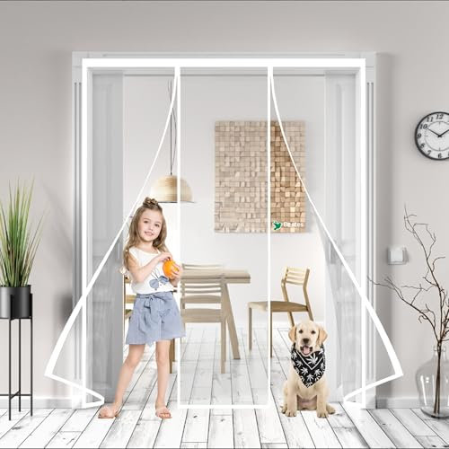 Moustiquaire Porte Magnétique 175x170cm Récoupable Anti-Insecte, Magnétique Fenêtre Sans Perçage Assemblage Facile Anti Insecte Chat Blanc