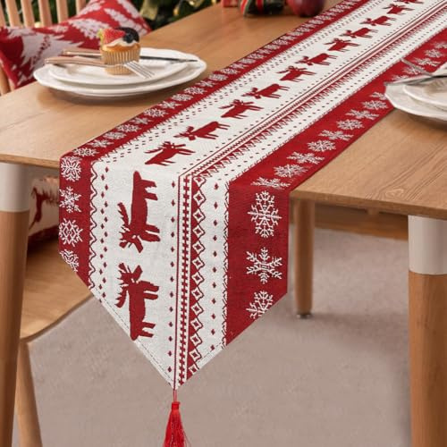 Tischläufer Weihnachten, 33x180cm Weihnachtsdeko Innen Tischläufer, Rot Rentier Schneeflocken Weihnachtstischläufer, Xmas Tischläufers Winterlich, Waschbar Weihnachtstischdecke für Weihnachtstischdeko