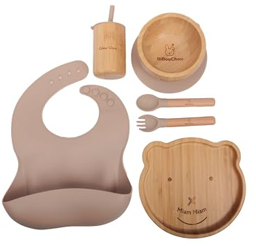 Set de Vaisselle Bébé en Bambou & Silicone Beige – BiBouChou – 6 Pièces