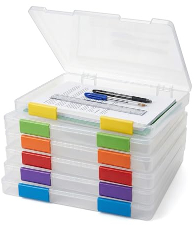 6 Pcs A4 File Box - Clear Plastic Document Box with Buckle and 2 Sheets Color Sticker Labels, Portable Project Case, Dustproof File Storage Boxes for Office, School, Home, Paper, Postcard, Board Game