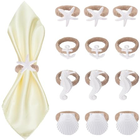 HICOHAND Coastal Seestern Serviettenring, 12 Stück, Seestern, Seepferdchen, Muschel, Anker, Serviettenringhalter für Bastelarbeiten, Tischparty, Bankett, Hochzeit, Strandtuch, Dekoration