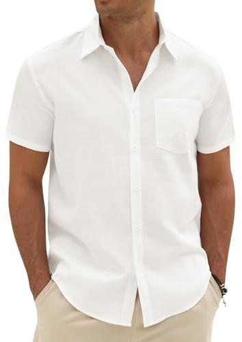 Xnova Mens Linen Cotton Shirts Summer Short Sleeve Shirt for Men Adult Regular Fit Beach Shirt with Pocket Casual Smart Button Down Tops for Holiday Work, White, M