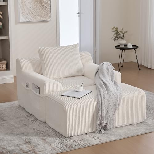 Ball & Cast Reading Chair, Big Sessel mit Rückenlehne und Fußstütze, Lesesessel Bequem XXL aus Kordsamt, Montagefrei, 147 x 110 x 67 cm, Beige
