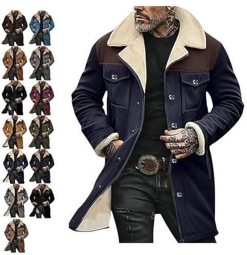 Generisch Giacche western uomo giacca da cowboy vintage in camoscio, trench con colletto in peluche, finta pelle, giacca invernale con cerniera lunga, top casual, SKU-05, XXL