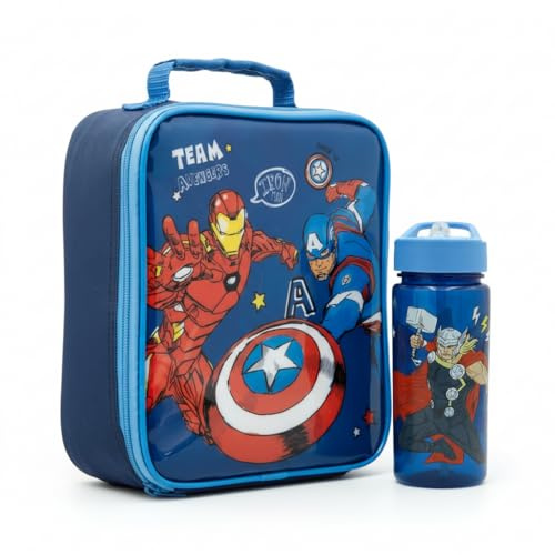 Marvel Avengers Kids Insulated Lunch Bag & 500ml Bottle Set – Iron Man, Captain America & Thor Team Avengers School Lunchbox, Blue
