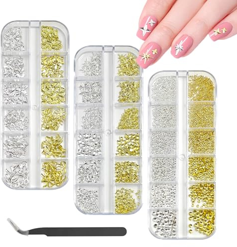 Larfraecy Silver Gold Nail Charms, 3 Boxes Nail Gems for Nail Art Rhinestones with Tweezers, Assorted Star Bow Nail Stuff Accessories for DIY Women Girls
