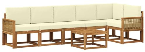 vidaXL Outdoor-Sofagarnitur mit Kissen 7 pcs Natur und Creme Polyester, Modernes Garten-Sofa Set, wetterfestes Möbel, Sektional für die Terrasse, Akazienholz, Entspannung im Freien