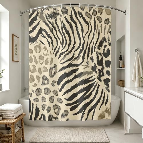 Générique Rideau de Douche Imprimé Zèbre et Léopard Rideau Douche Motif Animalier Tissu Polyester Hydrofuge Lavable Rideau Baignoire Décoratif pour Salle de Bain avec Crochets 180 x 200 cm 8puc134