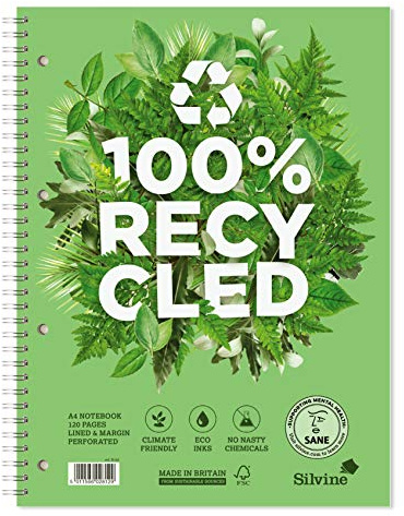 Silvine A4+ Premium Recycled Wirebound Notebook, Lined with Margin, 120 Pages of 100% Recycled Paper. Ref R102, Single Size