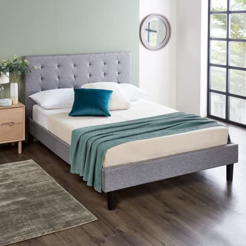 Grey Upholstered Bed Frame With Padded Headboard (No Mattress, Double)...