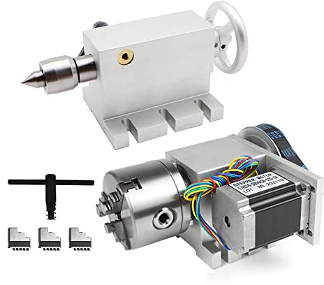 RATTMMOTOR Eje de rotación CNC, 4th Cuarto Eje Rotary Axis K11-80 mm Eje hueco Parcial Relación de reducción de 6:1, con 3 mordazas y contrapunto de 65 mm para torno CNC