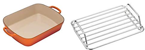 Le Creuset Signature Enamelled Cast Iron Rectangular Roasting Dish, 33 cm, 4.9 litres, Volcanic, 201843309 & MasterClass Small Roasting Rack, Stainless Steel, 23 x 16 x 6.5 cm