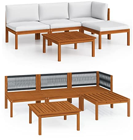 vidaXL Salon de Jardin 5 pièces avec Coussins, Bois d'acacia crème et Corde
