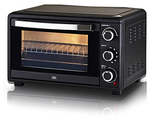 KHG Minibackofen MBO-25S mit Umluft 25l aus Metall in schwarz, 5 Bedienungsstufen, bis 1.500 Watt, inkl. Entnahmegriffe, Grillrost, Drehspieß und Backblech