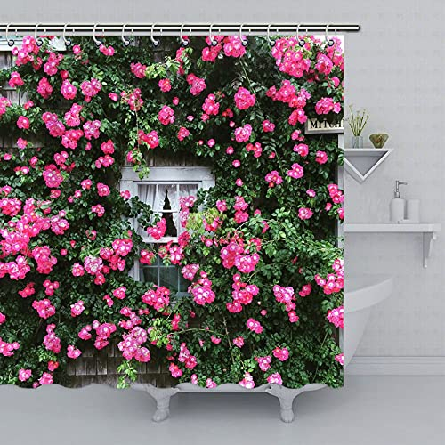 Garden Shower Curtain Roses Cottage, Window, Flowers, Garden Washable Waterproof Polyester Fabric Curtains Set with 12 Hooks for Outdoor 60 x 72 Inch