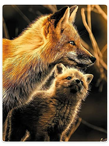Zomer Decke Flauschig Kuscheldecke Bedruckt mit Fuchs und Junges,Braun,150x200 cm