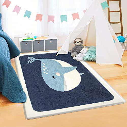 Kinderteppich, Spielmatte, ultraweiche Teppiche für Kinderzimmer, 90x150 cm, rutschfest, niedliche Tiere, Kinderzimmerteppich, Babyteppich, Teppich, Wohnzimmer (blauer Wal, 88.9x149.9 cm )