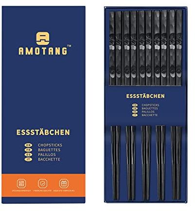 AMOTANG 5 Paar Essstäbchen Set, Spülmaschinenfeste japanische Sushi Stäbchen aus Fiberglas, Chopsticks mit Gravur, Rutschfeste chinesische Essstäbchen, 23cm - Shwarze Kirschblütenmuster