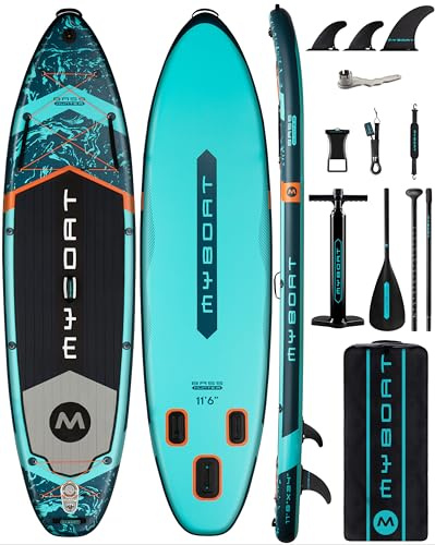 MYBOAT 11'6×34×6 Extra Wide Inflatable Paddle Board, Stand Up Paddle Board for Fishing, Sup Board with 3 Removable Fins, Dual Bungees, Camera Mount, Hand Pump, Strong Paddle, 5L Dry Bag, Leash