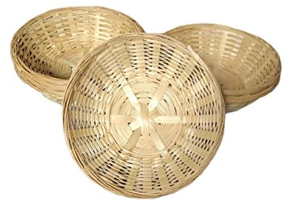 Set Of 6 Vintage Bread Baskets Small Round Woven Wicker Bamboo Hamper Basket Serving Snack Bowl Natural