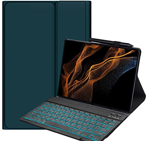 YHFZR Tastatur Hülle für Samsung Galaxy Tab S8 Ultra, [Deutsches QWERTZ] Slim Hülle mit 7 Farben Beleuchtung Kabellose Tastatur mit Schützhülle für Samsung Tab S8 Ultra 14,6'' X900/X906, Grün
