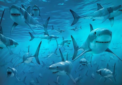 Wesmilewallpapaer Fototapete 3D Tapete 430x300cm Blauer Unterwasserwelt-Hai, Süßes Jungenschlafzimmer Vliestapete Wandbelag Wanddeko