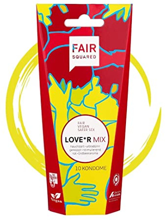 FAIR SQUARED 10 Stück Kondome Love*r Mix – Mix Kondome Sweet + Ultimate Thin + Intense – vegane Kondome – Naturkautschuk nachhaltig & fair – LGBTQ – Kondome gefühlsecht hauchzart