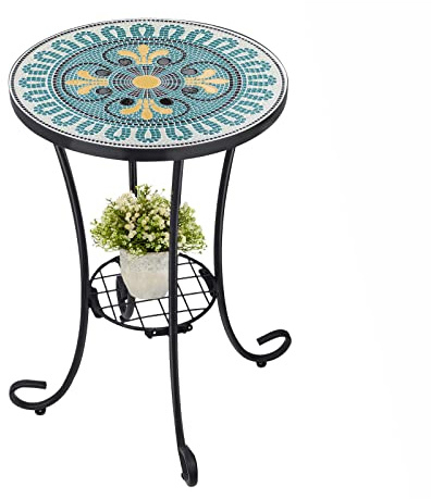 Mosaik Beistelltisch für den Außenbereich, runder Beistelltisch, Akzenttisch, Pflanzenständer, ideal für Pool, Beistell, Veranda, Terrasse, Deck oder Sofa-Beistelltisch