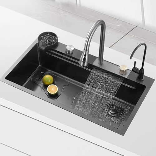 YINXSLO Fregadero de cocina de acero inoxidable 304 negro Fregadero de cocina en cascada Nuevo Tarja de granja Limpieza, vaciado y corte Fregadero 3 en 1 y accesorios (68 * 45CM)
