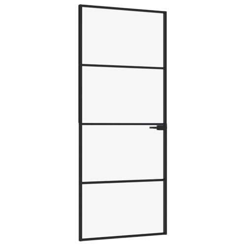 vidaXL Innentür, Zimmertür Komplettset 83x201,5cm, Glastür mit Griff Eisenschloss, Drehtür Tür aus Glas, Modern, Schwarz Hartglas Aluminium Schlank