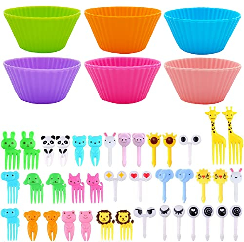 DaKuan Bento Box Set de 52 accesorios para caja bento, 12 bandejas de silicona para cupcakes con 40 selectores de alimentos