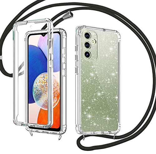 Rosyhulle Glitzer Handykette für Samsung Galaxy A14 4G/ 5G Hülle, Handyhülle mit Band für Samsung A14 mit Eingebautem Displayschutz 360 Grad Transparent Silikon Stoßfest Schutzhülle mit Kette Schwarz