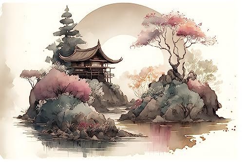 Acryl-Bild 120 x 80 cm: Aquarellzeichnung japanischer Landschaft mit Garten und Haus traditioneller Architektur. (197903826)