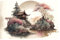 adrium Acryl-Bild 120 x 80 cm: Aquarellzeichnung japanischer Landschaft mit Garten und Haus traditioneller Architektur. (197903826)