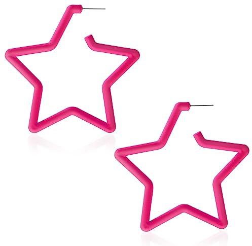 Neon Ohrringe Rose Rot Pentagramm Acryl - Retro 80er Jahre Creolen - Übertriebene Geometrische Damen Mädchen 90er Jahre Kostüm Party Halloween Schmuck Asthetisch