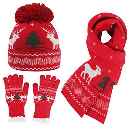 QWUVEDS Damen Winter europäische und amerikanische Weihnachtsstrickmütze Handschuhe Schal dreiteilige Dicke Wollmütze Strickhut Damen Winter (RD1, One Size)