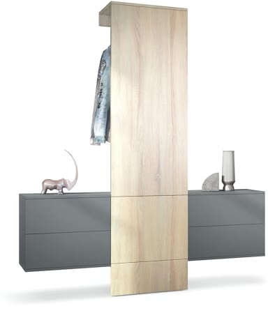 Vladon Garderobe Carlton Set 3, Made in Germany, Wandgarderobe aus Flur-Paneel & 2 Schubladen-Kommoden, Anthrazit matt/Eiche sägerau (157 x 193 x 35 cm)