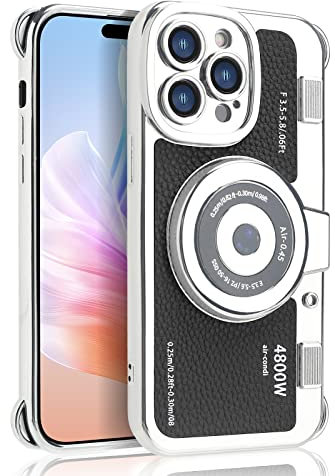 Losin Compatible with iPhone 15 Pro Case with Strap Cute 3D Vintage Camera Phone Case Handbag Lanyard Plating Camera PU Leather Phone Case Shockproof Protective Cover for Women and Girls, Black