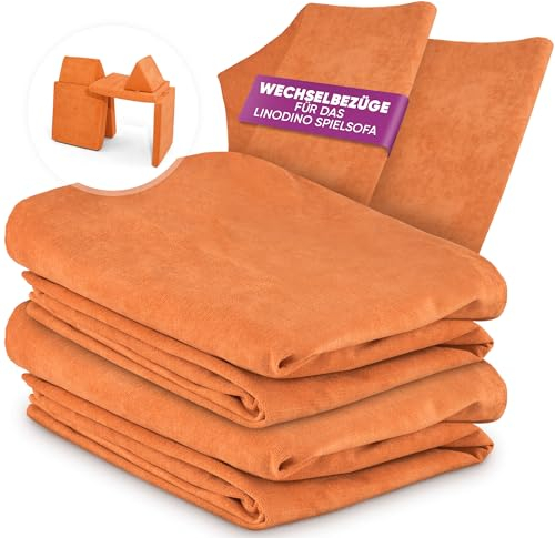 Linodino® Chenille Wechselbezüge für Spielsofas | Kindersofa Cover Set 4-Teilig | Ersatz Bezug Set für Kinder Sofas | Sofabezug | Seepferdchen Orange