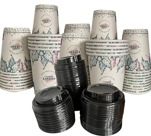100 Kaffeebecher mit Deckel To Go Pappe 240ml Design COFFEE LOVERS Pappbecher Einweg für Kaffee & Tee - Einwegbecher für Heißgetränke bis 95°C und Kaltgetränke Papp Becher für Unterwegs