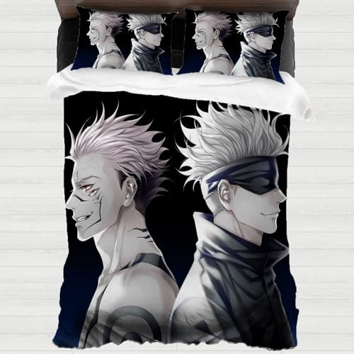 XYOK Gojo Bettwäsche-Sets Sukuna Kinder Bettbezug + 2 Kissenbezug, Anime Steppdeckenbezug Mit Reißverschluss Schlafzimmer dekorative Geschenke (Gojo, 135x200cm)