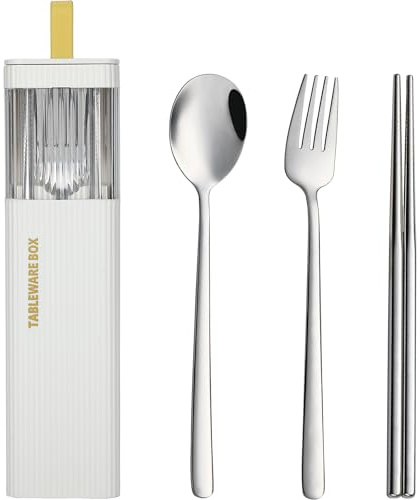 DEVICO Ustensiles de voyage avec étui, ensemble d'argenterie réutilisable en acier inoxydable pour boîte à déjeuner, kit de couverts portable comprenant fourchette, cuillère, baguettes (blanc)